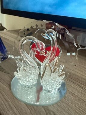 Clear Crystal Swan Couple Figurine with Red Heart Accent